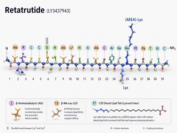 Estructura molecular de Retatrutide con cadena peptídica y enlazador lipídico