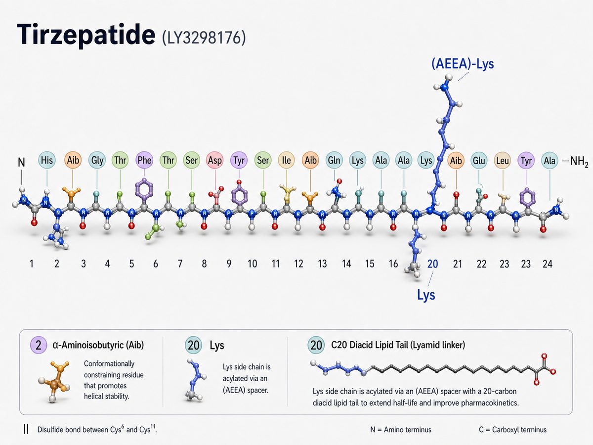 Estructura molecular de Tirzepatide con cadena peptídica y enlazador lipídico