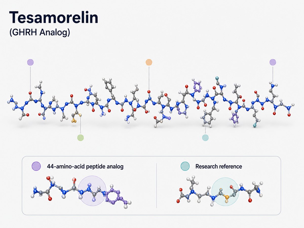 Visualización molecular de Tesamorelin como análogo peptídico de GHRH